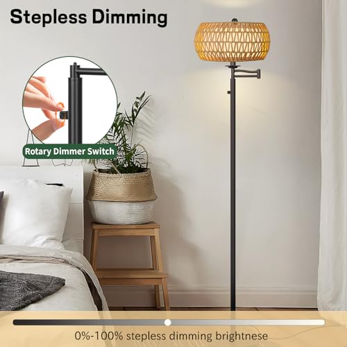 Ruiever Dimmer LED Floor Lamp,Tall Standing Lamp with Swing Arm,Black Lamp with 2 * 9W LED Bulb,Elegant Floor Lamp for Living Rooms & Bedroom (Black Color-Rattan Shade) - color: Black Color-Rattan Shade