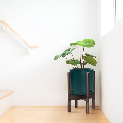 D'vine Dev Ceramic Planter with Walnut Color Stand - 8 Inch Modern Round Flower Pot with Wood Planter Holder, Teal, 55-B-Y-4 - color: Teal Pot + Walnut Color Stand, size: 8 Inch