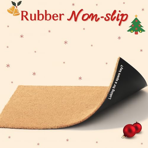 Christmas Door Mat Combo Set - 100% Coco Coir Welcome Mat + 28 x 43 Inch Red and White Plaid Rug, New Year Holiday Christmas Collection Doormat for Front Porch Entryway Decorative