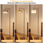 Ambimall Arc Floor Lamp for Living Room with Remote, Color Temperature & Brightness Adjustable, Boho Standing Lamp with Rattan & Fabric Double Drum Shades, Bulb Included(Brown) - color: Brown Rustic