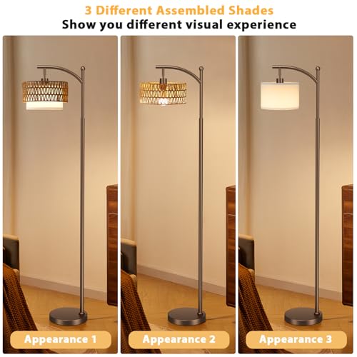 Ambimall Arc Floor Lamp for Living Room with Remote, Color Temperature & Brightness Adjustable, Boho Standing Lamp with Rattan & Fabric Double Drum Shades, Bulb Included(Brown) - color: Brown Rustic