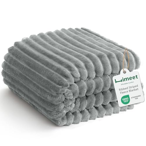 HIMEET Fleece Grey Queen Blanket for Bed - 300GSM Ribbed Soft Cozy Bedding Blanket, House Warming Gifts New Home, Luxury Bedroom Decor Throws, 90x90 Inches - color: Grey, size: Queen (90" x 90")