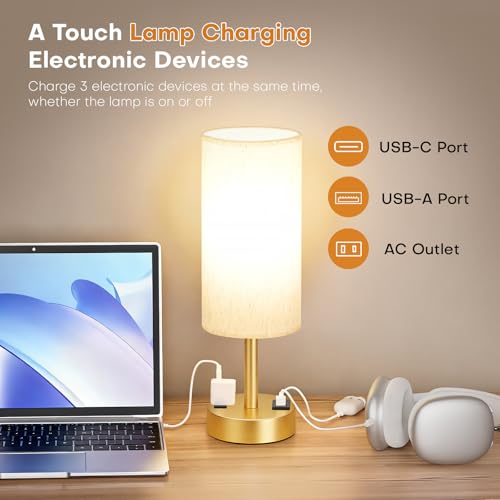 MOICO Bedside Table Lamp for Bedroom, 3-Way Dimmable Nightstand Lamp with USB C, USB A Ports & AC Outlet, Small Table Lamp Fabric Shade for Living Room Dorm Office, LED Bulb Included (14in Gold) - color: Gold