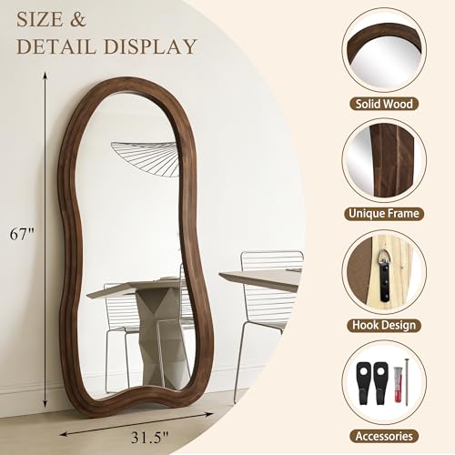Large Irregular Floor Mirror, 67"x31.5" Asymmetrical Full Length Mirror with Triple Layer Solid Wood Frame, Organic Shape Mirrors for Entryway Hallway Bedroom Living Room, Leaning/Hanging - color: Walnut, size: 67"L x 31.5"W