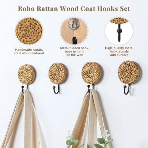 Colingmill 4 Pcs Boho Rattan Wall Towel Hooks Decorative Woven Hanging Holder Farmhouse Coat Rack Hooks Wood Coat Rack Wall Mount Vintage Decorative Hook for Hanging Coats(Round) - style: Round