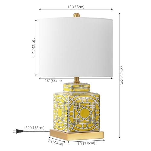 JONATHAN Y 22" Yellow/White Modern Ceramic Ginger Jar Table Lamp for Nightstand, Square Lattice Transitional Chinoiserie Lamp for Living Room, White Linen Shade, LED Bulb (JYL3044C) - color: Yellow/White