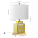 JONATHAN Y 22" Yellow/White Modern Ceramic Ginger Jar Table Lamp for Nightstand, Square Lattice Transitional Chinoiserie Lamp for Living Room, White Linen Shade, LED Bulb (JYL3044C) - color: Yellow/White
