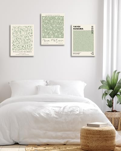HesenDot Green Botanical Framed Wall Art Set, 12x16in Matisse William Morris Canvas Prints,Minimalist Classic Plants Home Decor for Living Room Bedroom Bathroom Office, Set of 3 - color: Green Wall Art-Framed, size: 16"L x 12"W