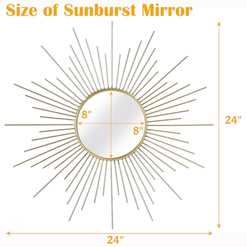 24'' Large Gold Sunburst Mirror, Metal Starburst Mirrors, Mid-Century Modern Sun Mirror Wall Decor for Living Room, Bedroom, Bathroom, Hallway, and Entryway - size: 24"L x 24"W