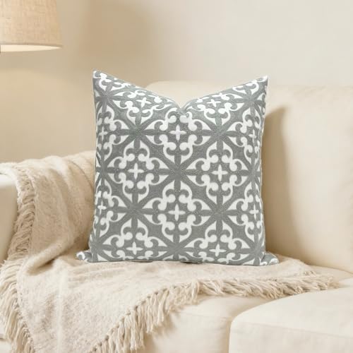 Slow Cow Embroidery Decorative Throw Pillow Cover Grey Kaleidoscope Design Pattern Cushion Cover 18 x 18 Inches - color: Grey Farmhouse Flower, size: 18" x 18" (Pack of 1)