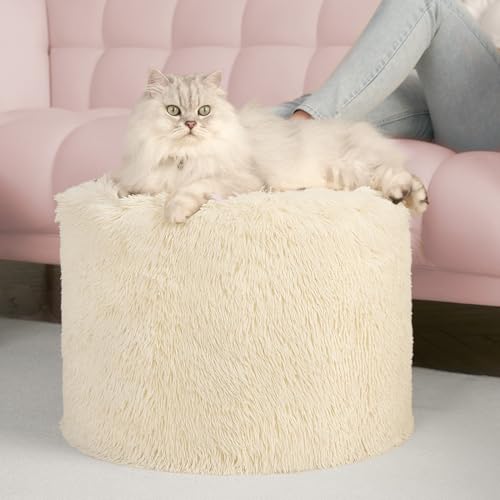 Hansleep Round Stuffed Pouf Ottoman 17 x 14, Foam Filled Faux Fur Ottoman Foot Rest for Chair with Washable Cover, Foot Stools Under Desk for Living Room & Bedroom, Beige - color: Beige, size: 17"D x 17"W x 14"H
