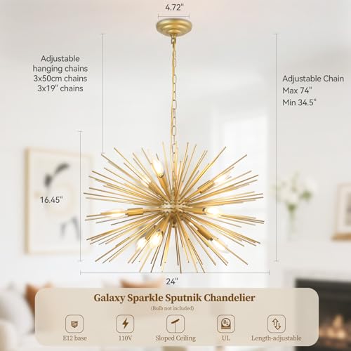 24" Modern Golden Sputnik Chandelier 9-Lights Mid-Century Modern Luxury Starburst Chandelier Gold Solid Metal Satellite Sputnik Chandeliers for Dining Room, Kitchen, Bedroom, Living Room - color: Golden 24" 9-Light
