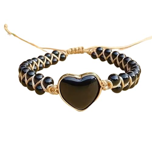 Women Boho Wrap Bracelet,Handmade Natural Stone Crystal Emperor Beads Heart Bracelet, Fashion Bohemian Jewelry Gift for Women - color: Black