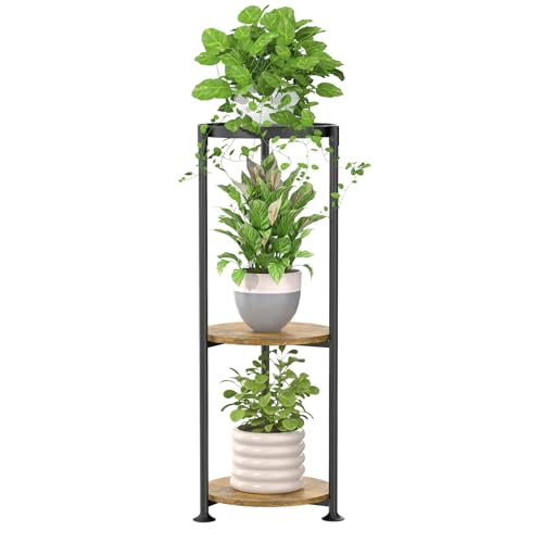 iDavosic.ly 3 Tier Corner Plant Stand Indoor, 34 Inch Tall Vertical Metal Flower Heavy Duty Pot Holder Shelf Outdoor for Patio Porch Living Room, Modern Black & Rustic Brown - Round - color: Matte Black, size: 3 Tiers