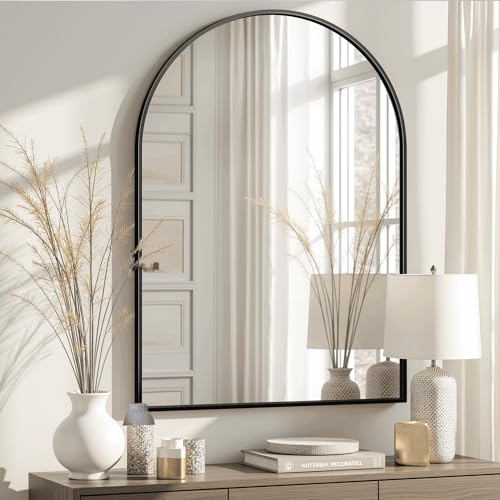 Arched Bathroom Mirror for Wall, 38" x 26" Black Metal Frame Vanity Mirror, HD Glass Over Sink for Bathroom, Entryway, Bedroom - color: Matte Black, size: 38"L x 26"W