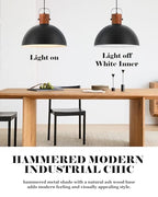 ELYONA 2 Pack Large Ash Wood Hammered Pendant Light Fixtures 16 Inch Metal Dome Ceiling Hanging Lamp, Industrial Kitchen Island Pendant Lighting for Farmhouse, Dining Room,Living Room, Black - color: Black - 2 Pack