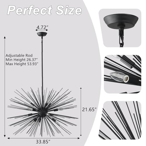 33.85" Black Sputnik Chandelier Vintage 12-Light Geometric Starburst Chandelier Light Fixture Large Solid Metal Black Sputnik Chandeliers for Dining Room, Kitchen, Bedroom, Living Room, E12 - color: Black 33.85" 12-Light