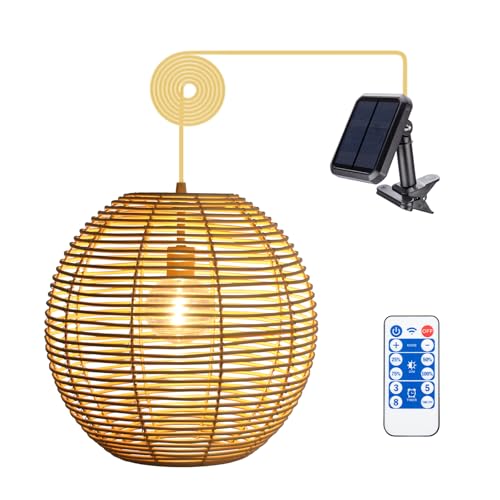 Solar Chandelier Ranttan Outdoor Lights, 12" Outdoor Pendant Hanging Lights Large Rattan Ceiling Light with Remote 4 Modes Lighting Waterproof Lighted for Garden Porch Patio Kitchen, Nature - color: Nature
