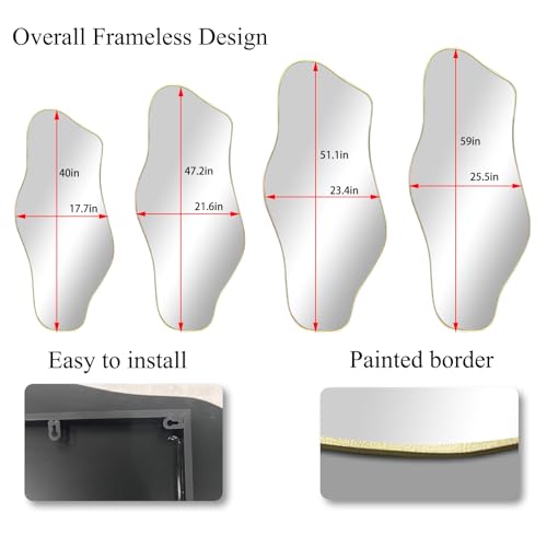 Irregular Wall Mirror, 40"x17.7" Gold Asymmetrical Frameless Mirror, Modern Organic Shaped Mirrors for Living Room Bedroom Hallway Entryway, Horizontal or Vertical Hanging - color: Gold, size: 40"L x 17.7"W
