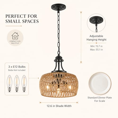 12.6 Inch Farmhouse Boho Chandelier for Dining Room, 3-Light Rattan Chandelier with Woven Lampshade, Adjustable Height Coastal Pendant Lighting for Kitchen Bedroom Island Hallway - color: Brown, size: 3-Lights 12.6 in