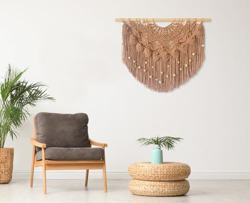 Youngeast Large Macrame Wall Hanging Boho Beaded Curtain for Window Macrame Bedroom Headboard Living Room Wall Art Tassel Tapestry Bohemian Woven Wall Decor 31" W X 25" H (Khaki) - color: Khaki