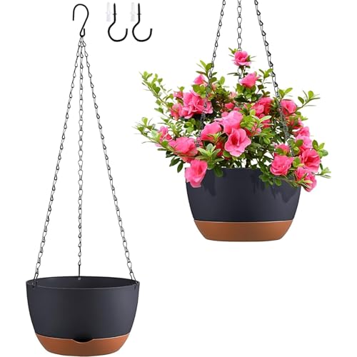 Set of 2 Hanging Planters for Indoor Outdoor Plants, 10 Inch Self-Watering Hanging Flower Pots with Drainage Hole & Removable Water-Storage Tray (Hooks) - color: Dark Grey, size: 10 Inch (M)