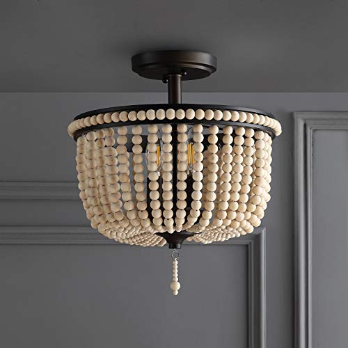 JONATHAN Y 14" Black and Light Taupe Wood Beaded LED Semi Flush Mount Light, Boho Farmhouse 3-Light Ceiling Chandelier with Cream Wood Bead Shade for Nursery, Bedroom JYL9020A - color: Black/Light Taupe