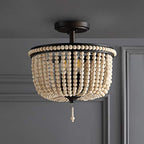 JONATHAN Y 14" Black and Light Taupe Wood Beaded LED Semi Flush Mount Light, Boho Farmhouse 3-Light Ceiling Chandelier with Cream Wood Bead Shade for Nursery, Bedroom JYL9020A - color: Black/Light Taupe