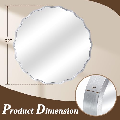 Gold Round Mirror for Wall, 32"x32" Decorative Wavy Bathroom Mirror with Brushed Alloy Steel Frame & Shatter-Proof Glass, Hanging Circle Wall Mirrors for Bathroom, Entryway (Silver, Large) - color: Silver, size: Large
