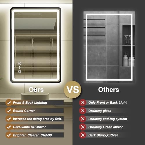 24x36 Inch LED Bathroom Mirror with Auto Sensor Lights, Black Framed Wall Bathroom Mirror, Backlit & Frontlit, Dimmable, Anti-Fog, 3 Colors, Memory Function, Smart Lighted Mirror for Vanity - color: Black-with Sensor Lights, size: 24"L x 36"W