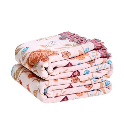 LUTBM Boho Throw Blanket for Couch Sofa Chair Cotton Summer Blankets for Bedroom Living Room All Season Soft Lightweight Reversible Floral Butterfly Embroidery Decorative Throws 50"x60" Home Decor - color: Butterfly-beige, size: 50"×60"