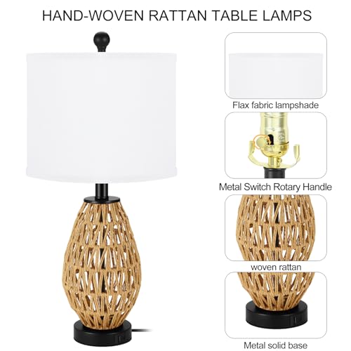 Coastal Table Lamps Set of 2, Retro Rattan Woven 24" Bedside Lamp, for Bedroom Living Room Home Nightstand Table Lamp(with USB C+A 5V 2.1A Charging Ports)