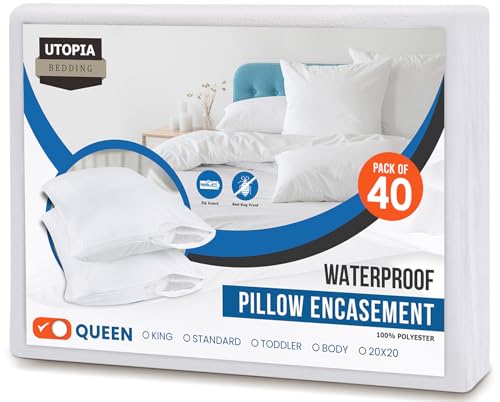 Utopia Bedding Premium 100% Waterproof Pillow Protectors with Zipper Queen Size (Set of 40), Bed Bug and Dust Mite Proof Zippered Pillow Covers, Pillow Encasement Cases, White - size: Queen (Pack of 40)