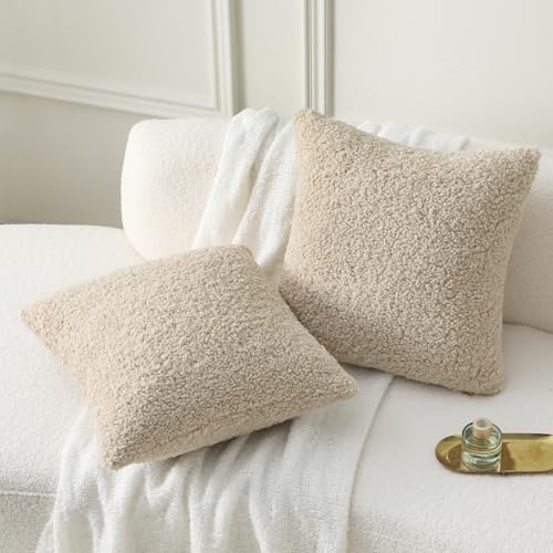 FUTEI Beige Throw Pillow Covers 16x16 Inch Set of 2,Furry Faux Fur Teddy Boucle Textured Cushion Covers,Soft Fluffy Decorative Pillow Case,Home Decor for Couch Bed Living Room Office Car - color: Beige, size: 16" x 16" (Pack of 2)