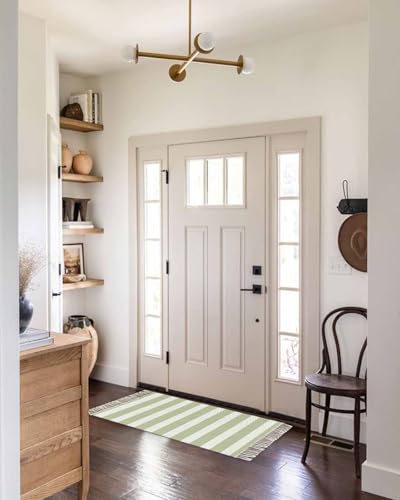Sage Green Stripes Kitchen Runner Rug 2'x4', Washable Woven Cotton Area Rug with Tassels Bathroom Hallway Rug, Farmhouse White Simple Vertical Striped Entryway Bedroom Rug Non Slip Throw Rug Carpet - color: Sage Green, size: 2 x 4 ft
