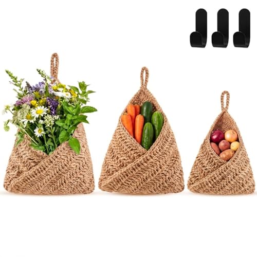 Honeydak Boho Decor Hanging Wall Baskets for Kitchen 3 Pack Teardrop Baskets with Hooks Storage Fruit Onion Vegetable Potato for Home 3 Sizes(Linen,Triangle,Jute) - color: Linen, size: Jute, style: Triangle