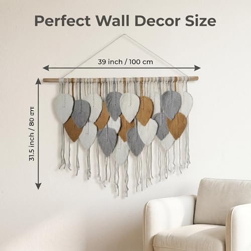 Jditngp Large Macrame Wall Hanging Boho Woven Leaf Tapestry,Hand Woven Tassels,Nordic Home Decorations Bohemian Handmade Leaf Feather Big Wall Art Decor for Living Room Bedroom Apartment 39" Wx31.5 L - color: grey21