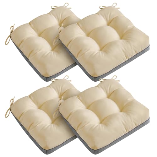 4 Pack 19x19 Inch Shredded Foam Chair Cushions with Straps - All-Season Seat Pads for Indoor/Outdoor Dining, Office, Patio, Kitchen Chairs (Beige, 19 INCH × 19 INCH) - color: Beige