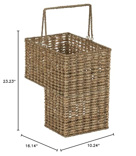 Household Essentials Handwoven Seagrass and Corn Husk Wicker Stair Basket with Iron Frame and Handles, Natural - style: Seagrass