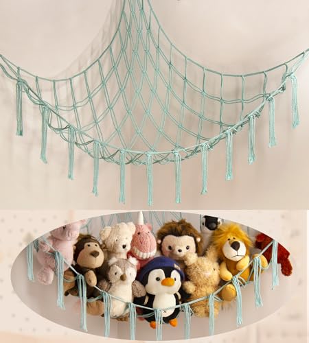 Stuffed Animal Hammock-Large Stuffed Animal Net For Toys Corner-Hanging Stuff Animal Toy Storage Organizer For Plush Plushie Display Light Blue Girl Room Bedroom Boho Nursery Decor Toy Storage - color: LightBlue, size: Standard(41.5"L x 55.2"W x 41.5"H)