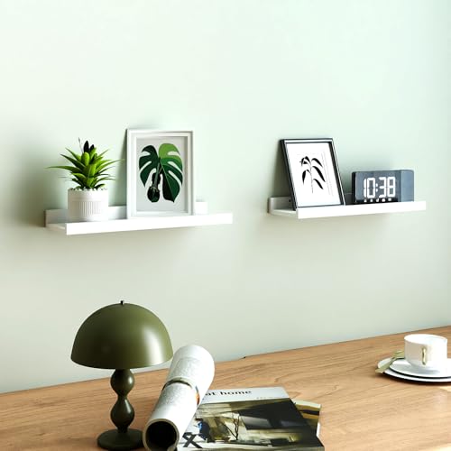 White Floating Shelves for Wall Decor, Wall Mounted Wood Storage Shelf for Bedroom, Living Room, Bathroom, Kitchen, Nursery, Display Picture Ledge Shelf with Lip Set of 2-14 Inches, White - color: White, size: 13.6in