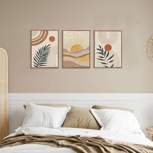 3Pcs Framed Boho Abstract Wall Art Orange Rainbow Sun Desert Minimalist Picture Mid-Century Modern Poster Prints Neutral Botanical Geometric Canvas Painting Wall Decor for Living Room 24L" x 16W" - color: Framed, size: 24L" x 16W"
