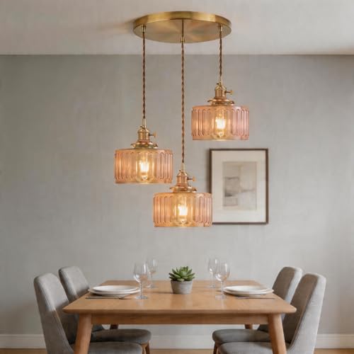 Amber Striped Glass Pendant Light, 3 Natural Light Bulbs Included, Adjustable Cord with Switch, Suitable for Kitchen Island/Dining Room - color: Amber 3pcs Ribbed Glass Pendant Light
