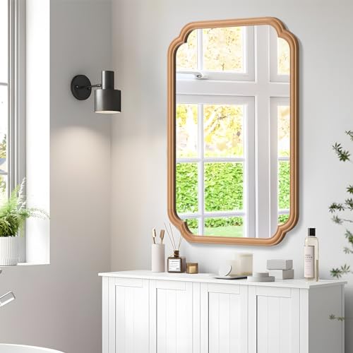 Ferytange Wood Bathroom Mirror for Wall Mounted, 24" x 36" Rustic Bathroom Mirror for Over Sink with Wood Frame Farmhouse Rounded Corner Rectangle Mirror Decorative(Natural Color) - color: Natural Wood, size: 36"L x 24"W