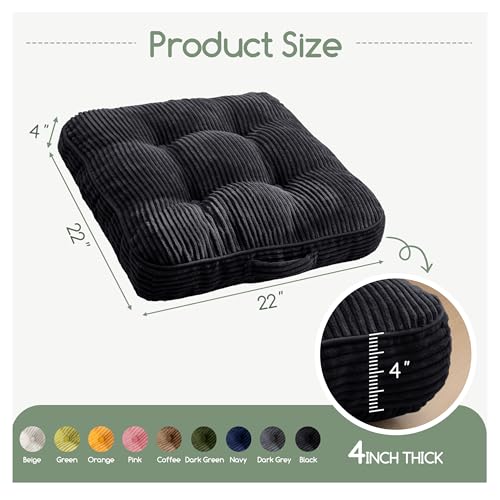HIGOGOGO Floor Pillow Cushion for Adults, Meditation Cushion Pillow, Large Square Floor Sitting, Tufted Corduroy Cover, for Tatami Living Room or Yoga, 22x22 Inch, 2Pack, Black - color: Square Black, size: 4" Thick(Pack of 2)