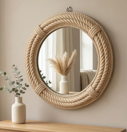12" Inch Round Rustic Farmhouse Boho Shabby Chic Wall Hanging Mirror with Natural Jute Rope Decor Accent for Entryway, Bedroom, or Living Room (Color 4) - color: Color 4