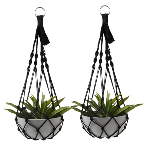 2 Pack Macrame Hanging Planters - Stylish Plant Hangers Crochet Boho Plant Holder Hanging Plant Basket for Up to 8 Inch Pots(Black, Without Patterns) - color: Black, Without Patterns