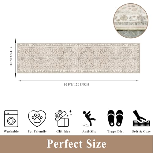 2x10 ft Hallway Runner Rug Washable – Boho Floral Non Slip Long Carpet Runner for Kitchen Entryway Bedroom Living Room, Soft Low-Pile Thin Floor Area Rug (Beige, 2x10) - color: Beige, size: 2' x 10' (Rectangular)