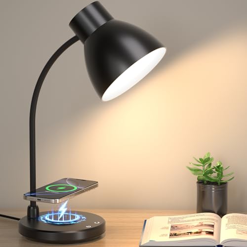 Desk Lamps for Home Office - LED Desk Lamp with Wireless Charger, 3 Color Modes Dimmable Eye-Caring Study Reading Desk Light, Small Flexible Arm Table Lamp for College Dorm Room Bedside, Black - color: Black