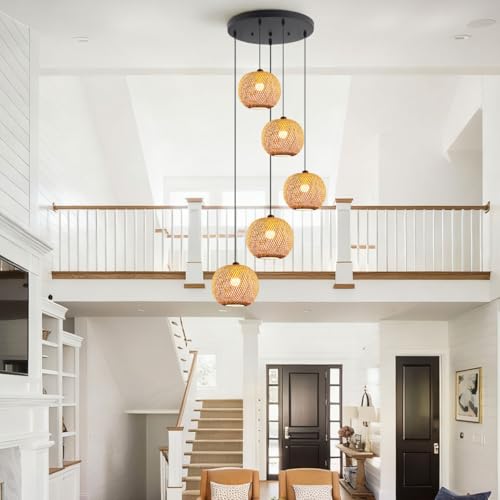 5-Light Staircase Bamboo Light Fixture Basket Weave Pendant Light Shade Boho Large Rattan Chandelier Coastal Wicker Pendant Hanging Lights for Foyer Living Room Farmhouse - color: Bamboo, 5-Light